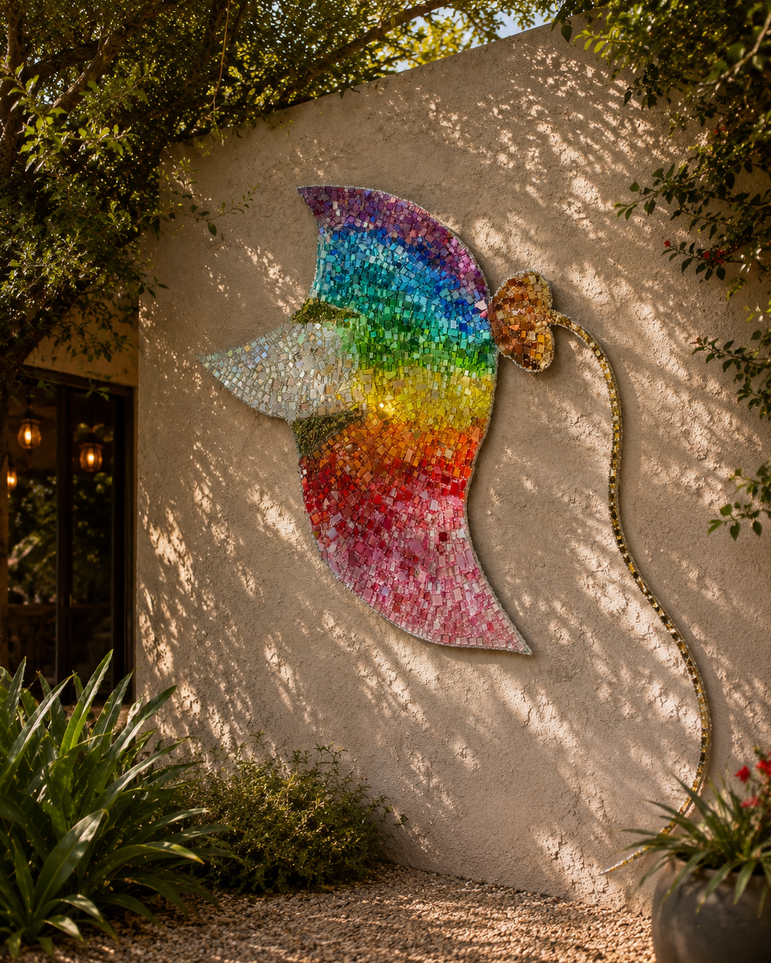 Colorful mosaic manta ray wall art displayed outside on a textured wall